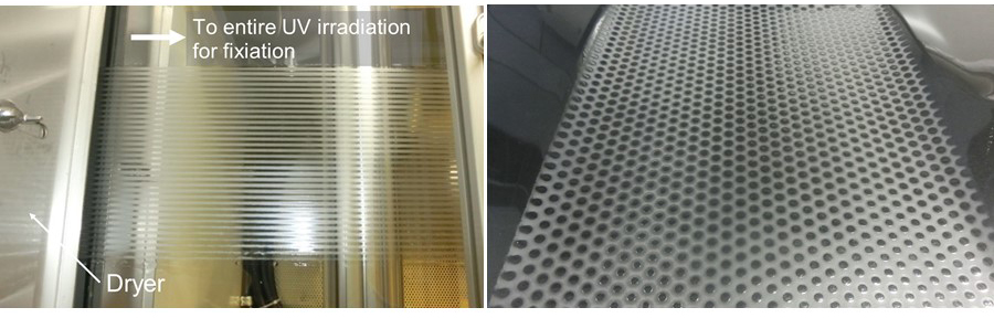 Continuous pattern forming in a roll-to-roll process. Example of continuous formation of a stripe pattern in a roll-to-roll process (left) and intermittent formation of a circular dot pattern (right). ©Toppan Inc.