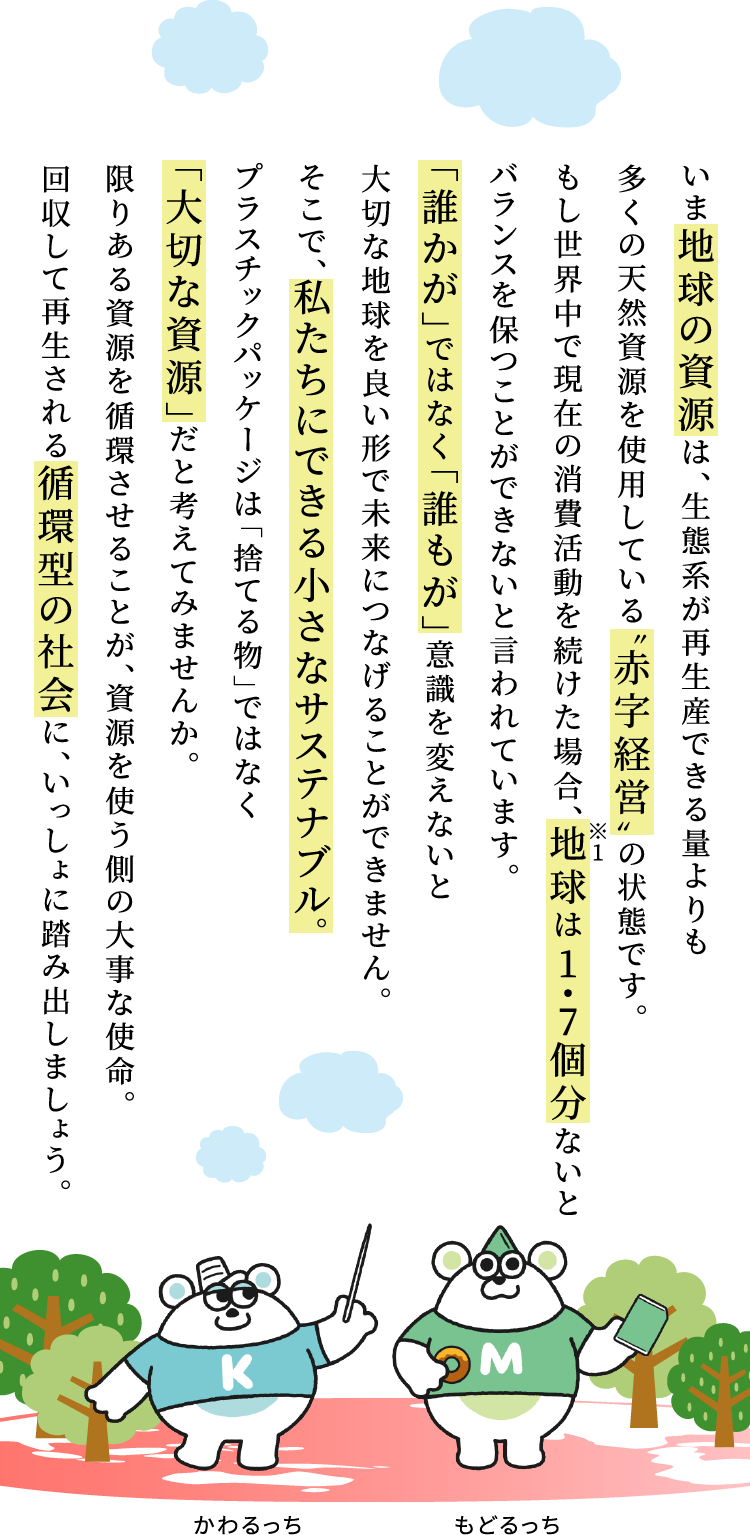 いま地球の資源は、生態系が再生産できる量よりも多くの天然資源を使用している〝赤字経営〟の状態です。