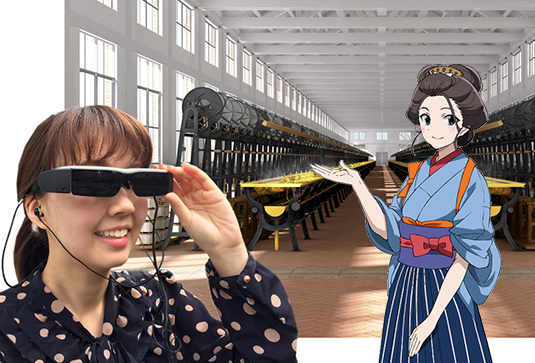 体験イメージ（左）／ スマートグラス内を案内するキャラクター（右）
