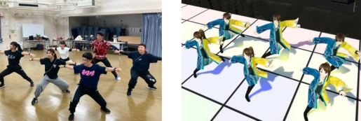 小型センサーを装着したチームの群舞の収録風景とメタバース上で再現されるパフォーマンス （右の画像は左の実写画像とは異なる時点で動作をキャプチャーしたものです） © 一般社団法人YOSAKOIソーラン祭り組織委員会 | 凸版印刷